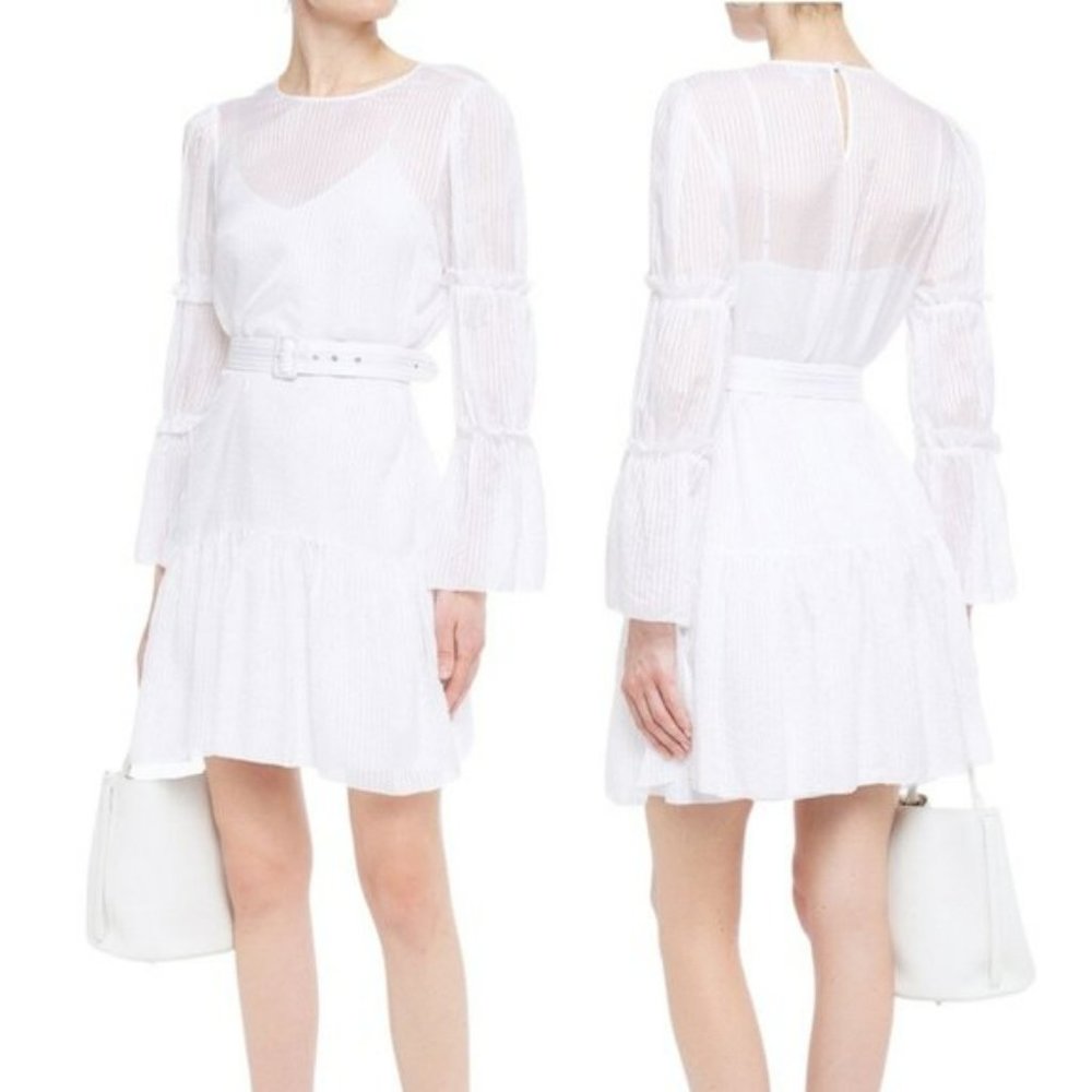 CAMI NYC Shawn White Belted Cotton and Silk Jacquard tiered sleeve mini dress SP